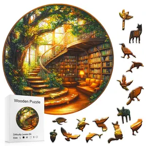 Wooden Puzzle Six Cent Puzzle with Enchanted Library Design and Animal Pieces for Adults and Kids Toddler Alphabet Round Circular Secret Tree Library Puzzle