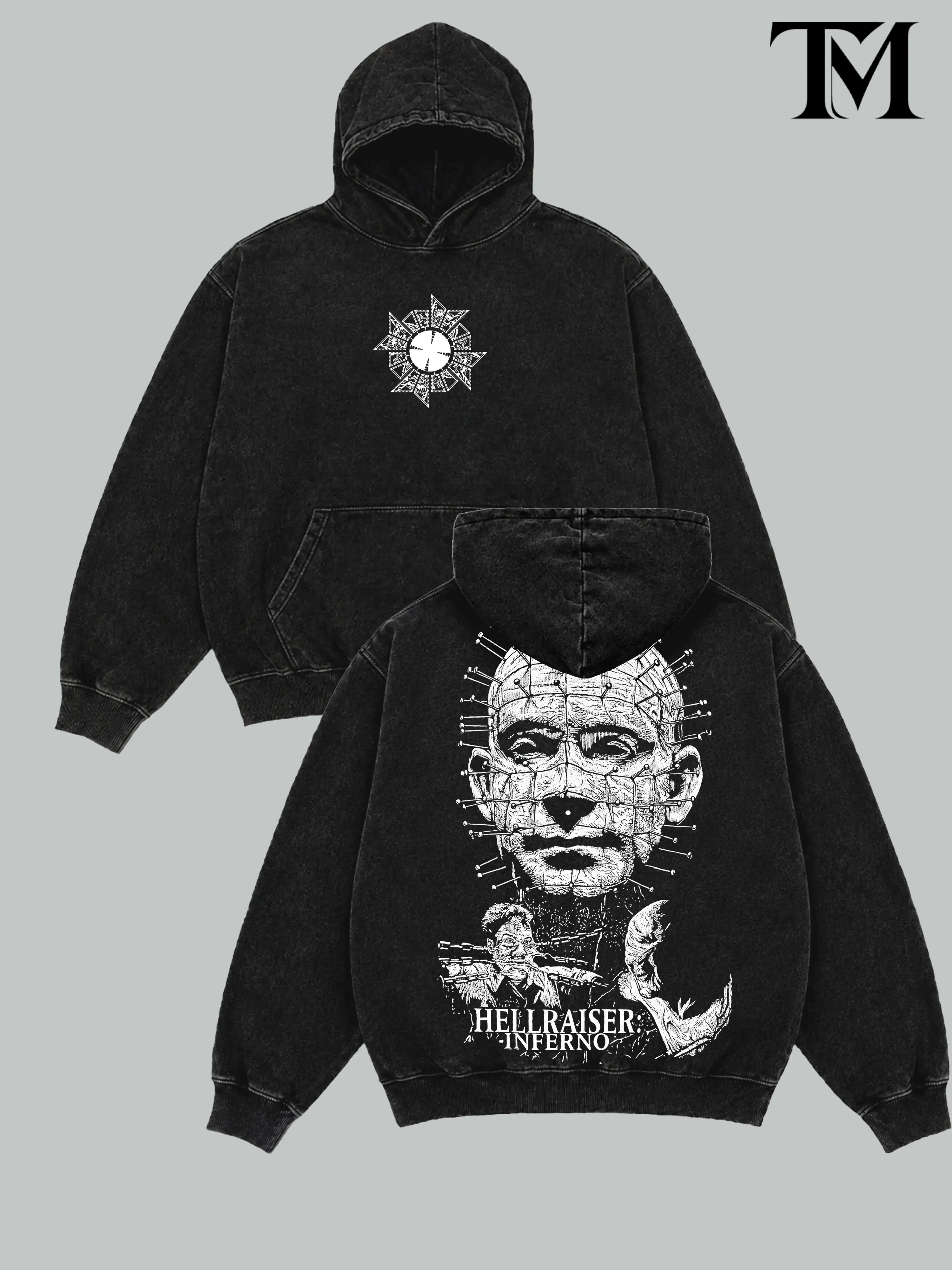 Hellraiser Inferno Pinhead Vintage Washed Oversized Hoodie & Tee, Double-Sided Dark Horror Graphic Pullover, Retro Cult Movie Streetwear, Soft Cotton Unisex Hooded Top