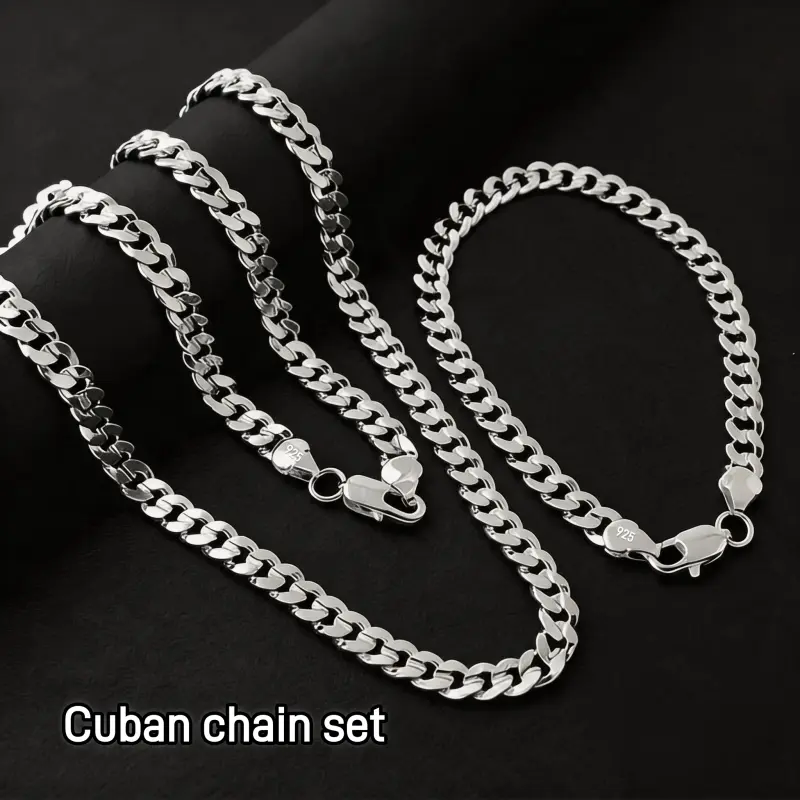 2-Piece 925 Silver-Plated Cuban Link Chain Necklace Set, Classic 7mm High-Polish Jewelry, Unisex Engagement Gift for Couples, Chain Necklace Jewelry Sets, High-Polish Silver Shine, Silver Chain Jewelry Sets