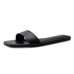 Women's Fashion Square One Flat Sandals - Summer Comfortable Leather Slippers with Open Toe for Daily Wear and Commuter Use Girl Shoe Shoe Footwear Tsinelas Tactical Black Ballroom