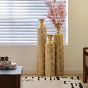 Modern Gold Textured Floor Vase Set 3-Piece Elegant Home Decor Accent for Living Room and Bedroom