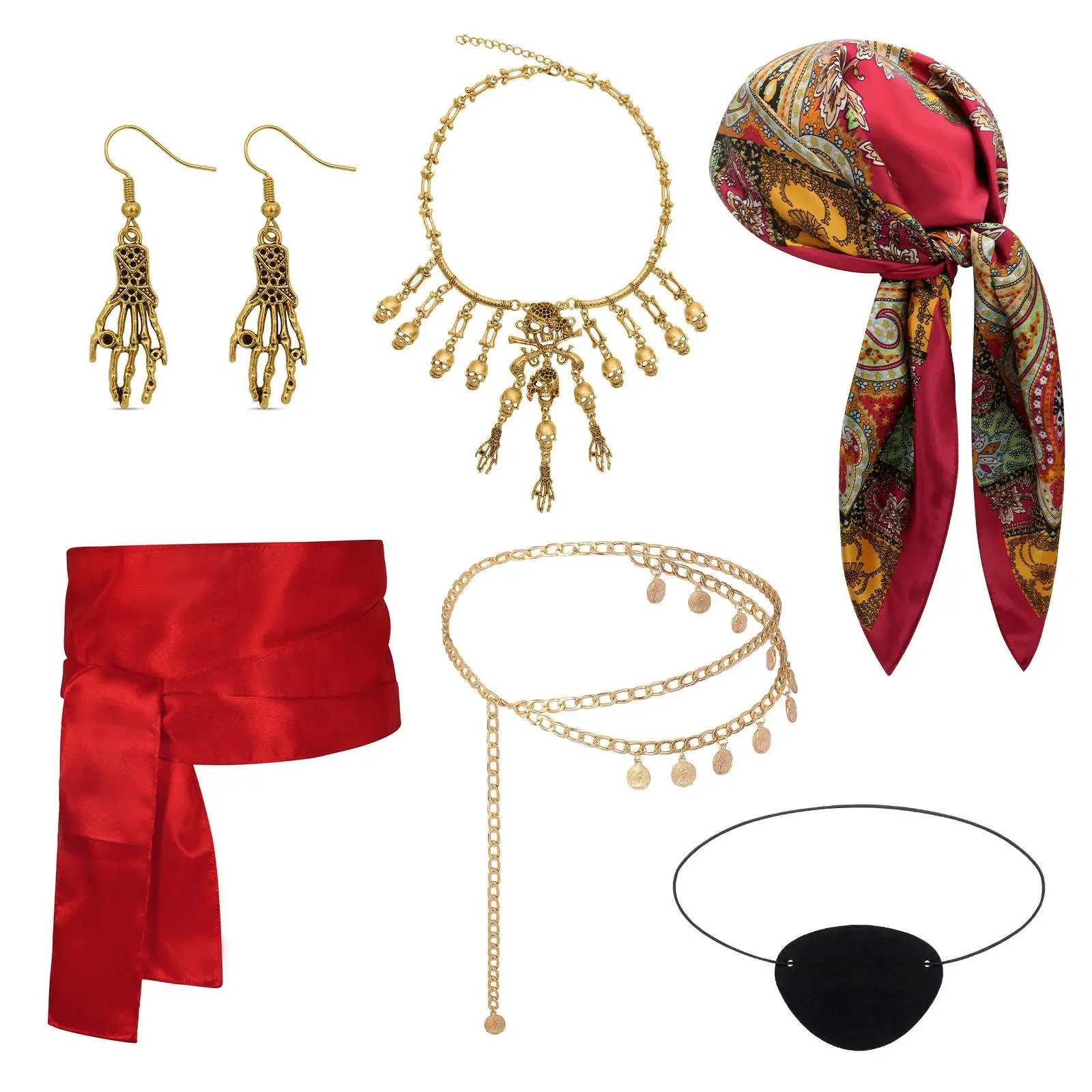 Effortless Women Pirate Costume Accessories Set 6 Piece Red Paisley Bandana Black Eyepatch Gold Coin Chain Belt Red Satin Sash Skull Necklace Skeleton Earrings Gypsy Buccaneer Cosplay Halloween Party Accessories