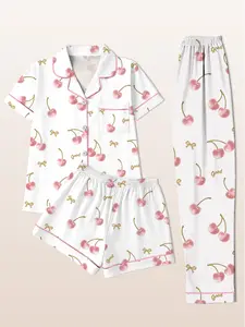 Women's Sleepwear Three-Piece Pajama Set, Short Sleeve Cardigan Top + Shorts + Long Pants, Base Cherry Print, Casual Fitted All Seasons