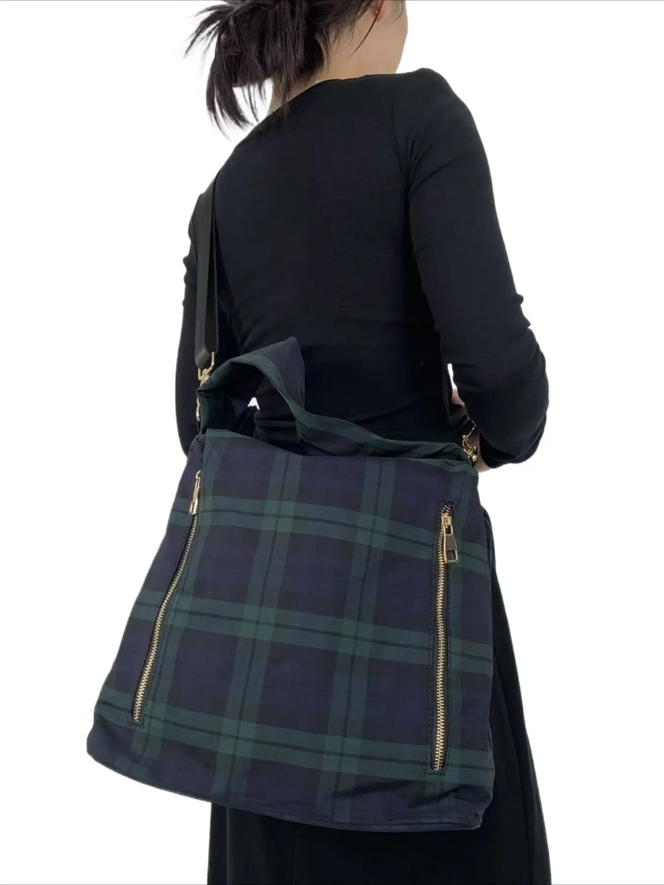 Ladies' fashionable mesh lightweight multi zipper shoulder bag, bucket bag, front pocket for daily use, portable wide shoulder strap, multifunctional crossbody handbag, grid green, Casual Shoulder Bag, Everyday Crossbody Bag