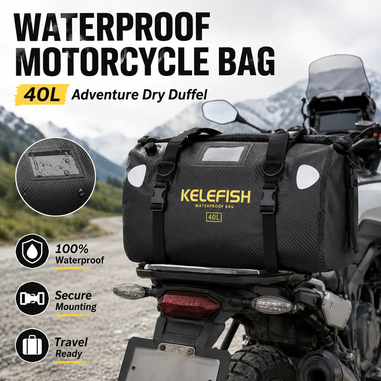 Motorcycle Waterproof Duffel Bag, 40L/66L Roll-Top Tail Bag with Mounting Straps, Heavy-Duty Rear Seat Luggage for Touring, Camping and Travel