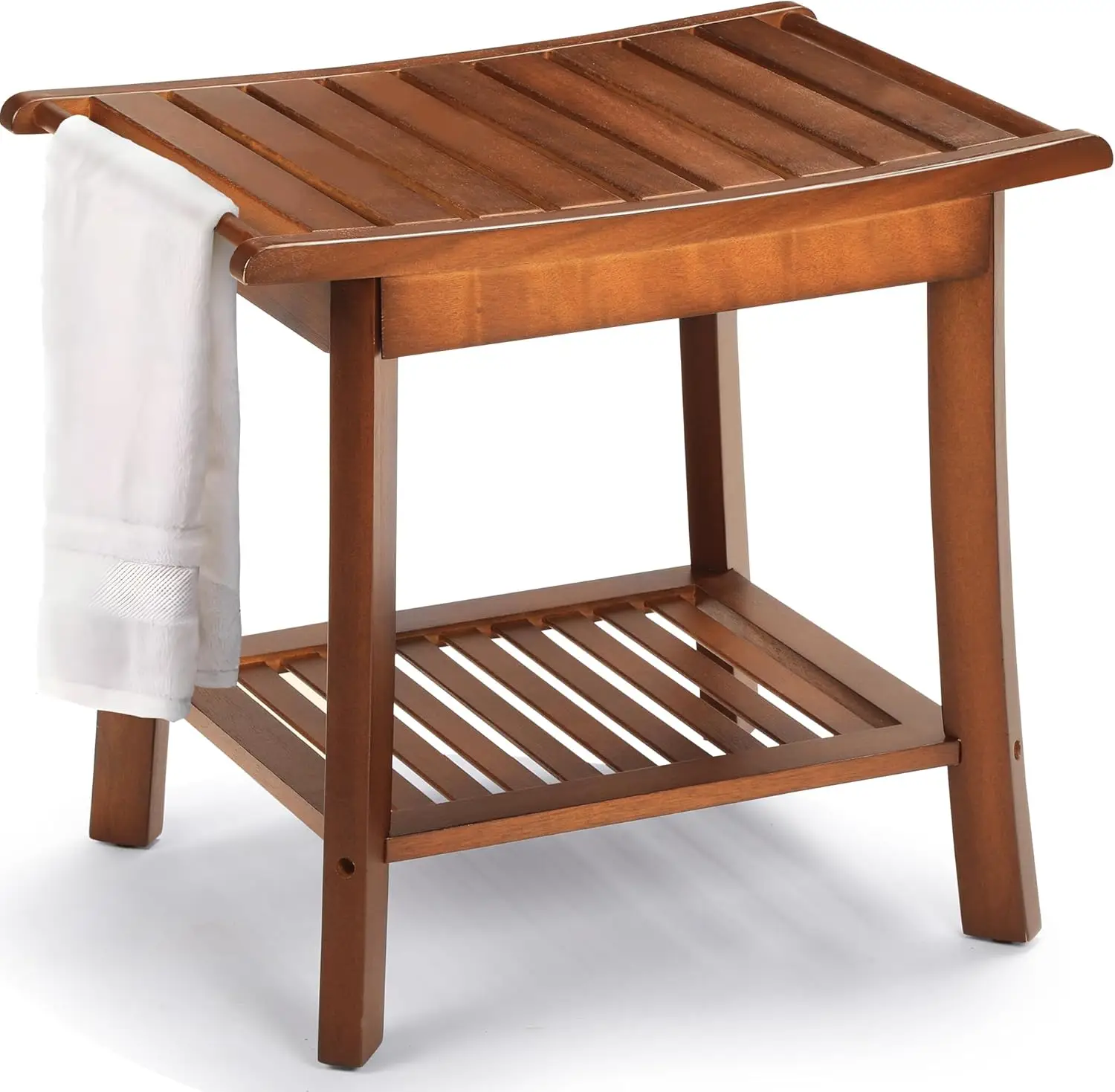 Rengue Teak Shower Bench for Inside 2-Tier Wood Shower Chair with Storage and Towel Rack Waterproof Shower Stool Bathroom Shower Seats 23.7 x 12.9 x 1