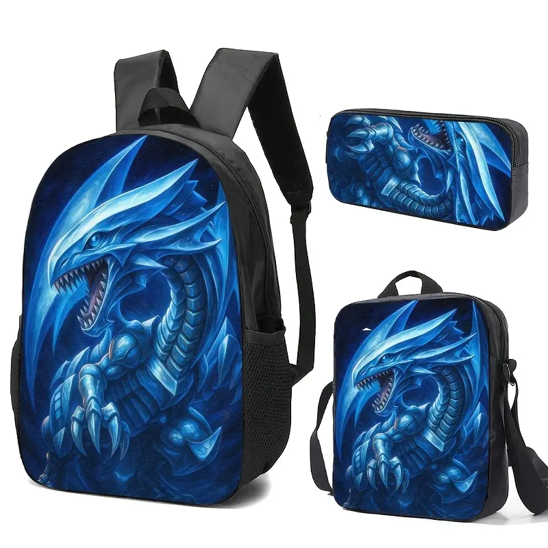 Unisex Elementary School 3pcs Graphic Blue-Eyes Dragon Backpack Set, 600D Oxford Cloth School Supplies with Adjustable Padded Straps, Top Handle, Zipper, Elastic Band, 15-in Laptop Fit, Insulated Lunch Box & Pencil Case