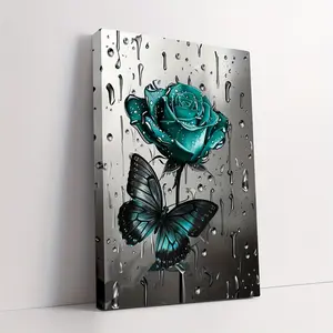Charming Turquoise Rose and Butterfly Canvas Wall Art - Vintage Style Wooden Frame, Suitable for Weddings, Birthdays, Housewarming Celebrations, etc. - Perfect Choice for Home and Office Decoration