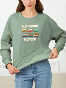 Women's Printed Fleece Pullover Sweatshirt, Casual Round Neck Jumper, Comfortable Fall & Winter Fashion, Daily Wear