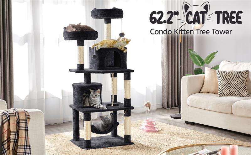【Valentine Gift】Yaheetech 62.2in/70.5in Cat Tree Cat Tower Cat Condo with Platform & Hammock, Scratching Posts for Kittens Pet Play House with Plush Perch for Indoor Activity Relaxing