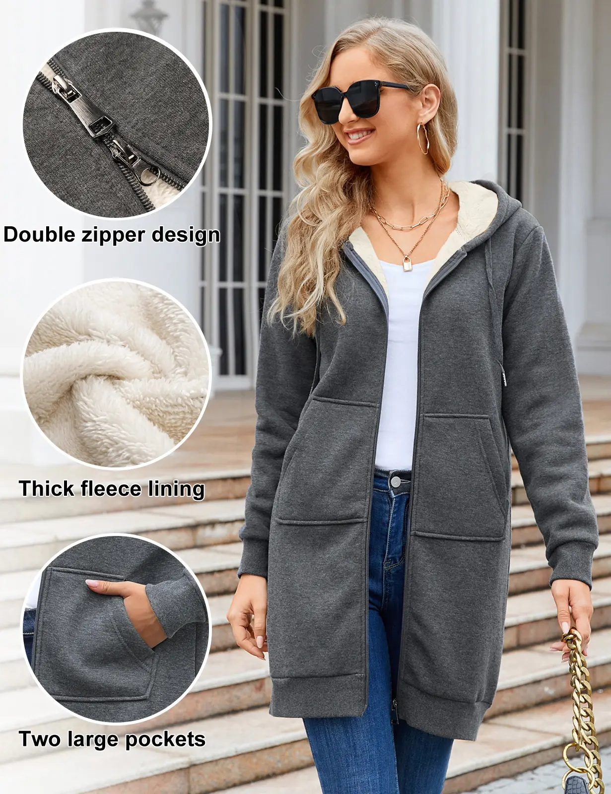 FAHSORA Women's Long Fleece Lined Zip Up Hooded Sweatshirt Coat,dual zipper design, large side pockets, loose relaxed fit. Perfect for daily outings, travel, casual street wear. Womenswear Tops