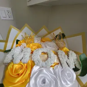 Flowers Yellow Ribbon Roses for Mother's Day Handmade Bouquet with Yellow Ribbon and White Decorative Elements