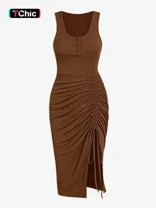 Women's Drawstring Ruched Ribbed Tank Dress with Slit, Casual Button Decor Scoop Neck Sleeveless Bodycon Dress, Summer Clothes Women
