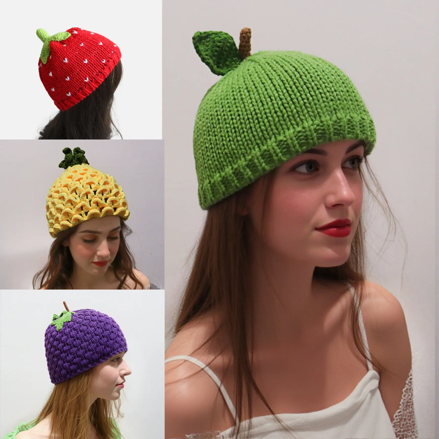 New Sweet Fruit Hat, Hand-Knitted Cute Wool Hat For Girls, Versatile Casual Grape And Pineapple Hat
