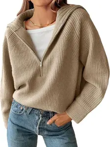 BTFBM Women’s Casual Long Sleeve Half Zip Pullover Sweaters Solid V Neck Collar Ribbed Knitted Loose Slouchy Jumper Tops