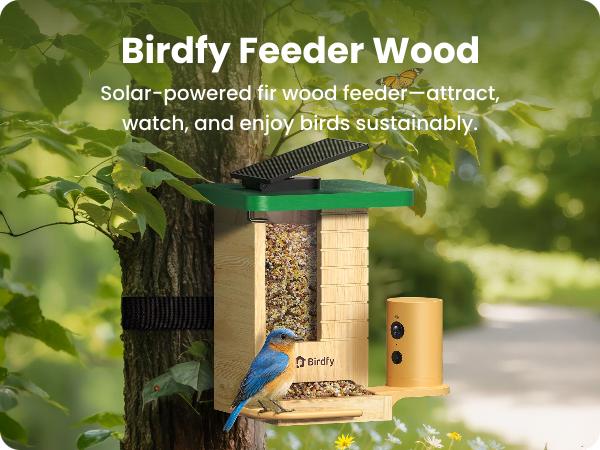 Birdfy Smart Bird Feeder with Camera Solar Powered, Night Insight & Slow-Motion Video for Outdoors & Backyard Birds Watching, AI Identify 6000+ Species , Wood