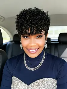 Short Pixie Cut Human Hair Wig Afro Kinky Jerry Curly Textured Wigs 99J Brown With Bangs Full Machine Made Wigs For Women