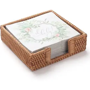 Square Rattan Woven Napkin Holder Wicker Napkin Basket for Kitchen Table Flat Paper Luncheon Napkin Holder 7.5 x 7.5 x 2.5 inch