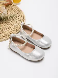 Girls' Pink/Gold/Silver Shimmer Pearl Ankle Strap Round Toe Soft Non-Slip Flat Shoes | Elegant Princess Style for Daily Wear / Performance / Banquet & Formal Occasions / Outing / School Summer Flats