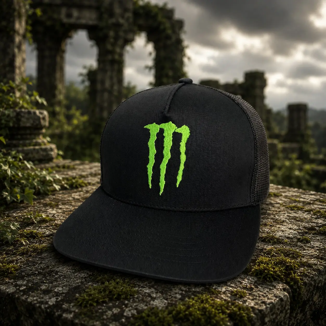 Monster Energy Trucker Hat, Black Embroidered Mesh Snapback Cap, Green Logo Racing Hat, Motocross Outdoor Gift for Him