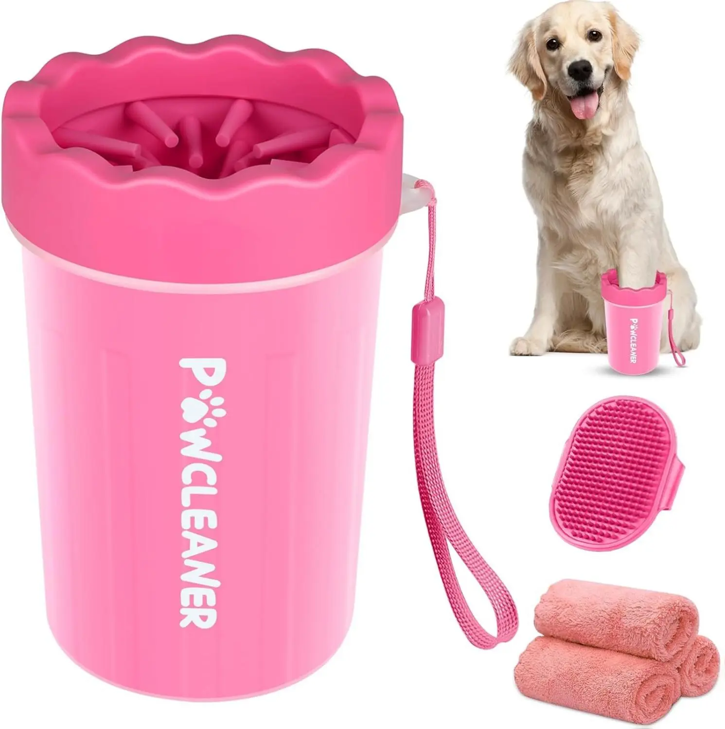 Comotech Dog Paw Cleaner Pet Foot Washer with Soft Silicone Bristles & 3 Absorbent Towels for Small Medium Large Breeds Pink