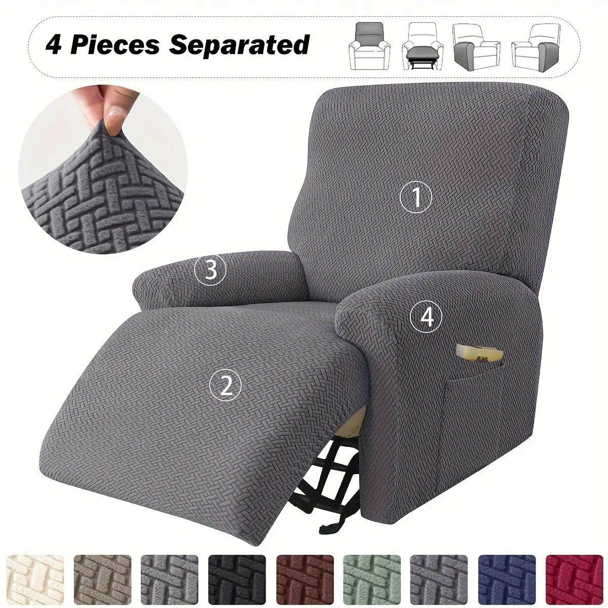 4pcs/Set Stretchable Jacquard Recliner Sofa Slipcovers - Elastic Furniture Protector, Machine Washable Sofa Covers for Living Room & Office Decor