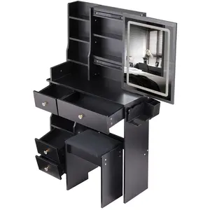 Small Size Left Drawer Desktop Vanity Table + Cushioned Stool, Makeup Vanity Desk with Power Outlet and LED Strip, 2 AC+2 USB Power Station, Hair dryer bracket, Extra Large Touch Control Sliding LED Mirror, Tri-color Switching, EPA,GCC,UL Certificate