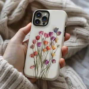 Pretty wild tulip pressed flower print phone case for iPhone 17 16 15 14 13 12 11 Pro Max Samsung S26 S25 S24 S23 S22 Anti shock and anti fall phone protective case
