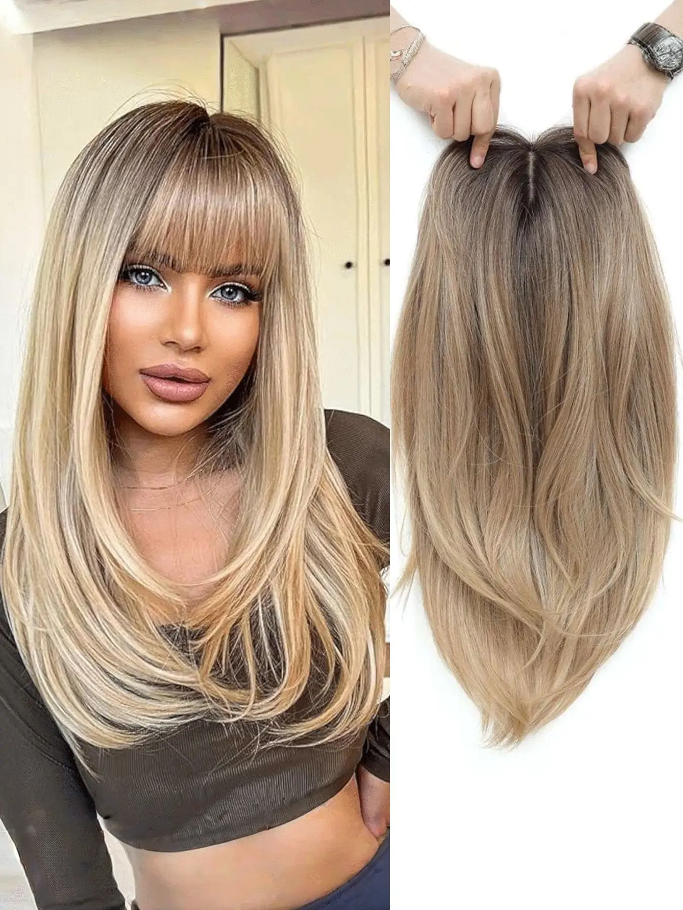 Premium Clip in Hair Toppers for Women 18 Inch Long 360° 3D Blunt Wispy Bangs Natural Ombre Dark Root to Blonde Hair Pieces for Thinning Hair Synthetic Hair Topper