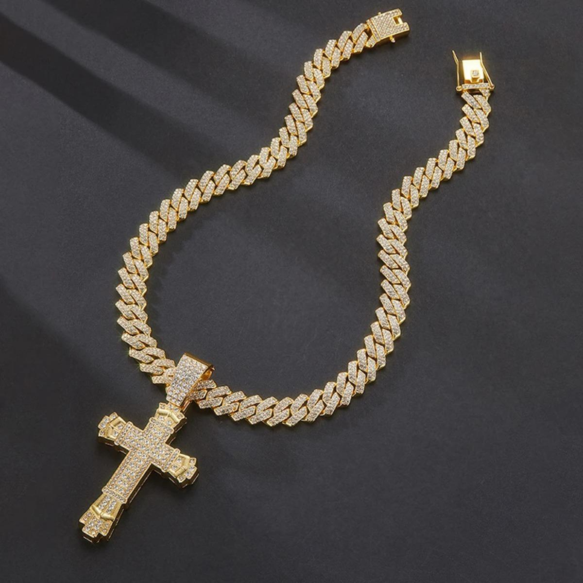 Cross Pendant Necklace Hip Hop Iced Out Cuban Link Chain Full Rhinestone Alloy Jewelry for Men Women