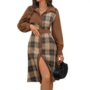Women’s long-sleeve brown plaid dress for autumn/winter, retro workplace casual style with spliced design; suitable as outerwear under a raincoat