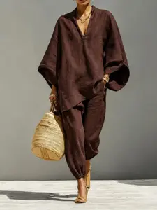 Women's Summer Loose Fit Solid Deep V Neck Batwing Sleeve Pants Set, Casual Comfortable Daily Wear, Multiple Colors Available