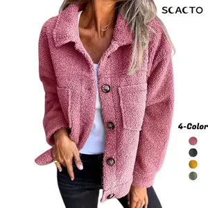 Scacto Plus Size Women's Solid Color Sherpa Jacket, Long Sleeve Lapel Single Breasted Fleece Coat With Pockets For Autumn Winter jacket  for  fall