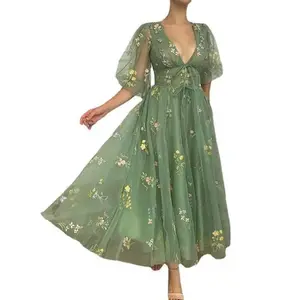 YLYL European and American evening dress, green tulle ball gown, puff sleeves, V-neck, flower, floor-length, V-neck, sexy long dress wedding guest dresses Floral Formal Womenswear Elegance Embroidery Fairy Skirt Sheer Outdoor Spring