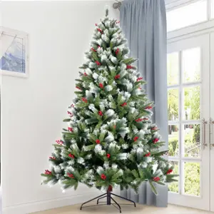Artificial Christmas Flocked Pine Needle Tree with Cones Red Berries Foldable Stand