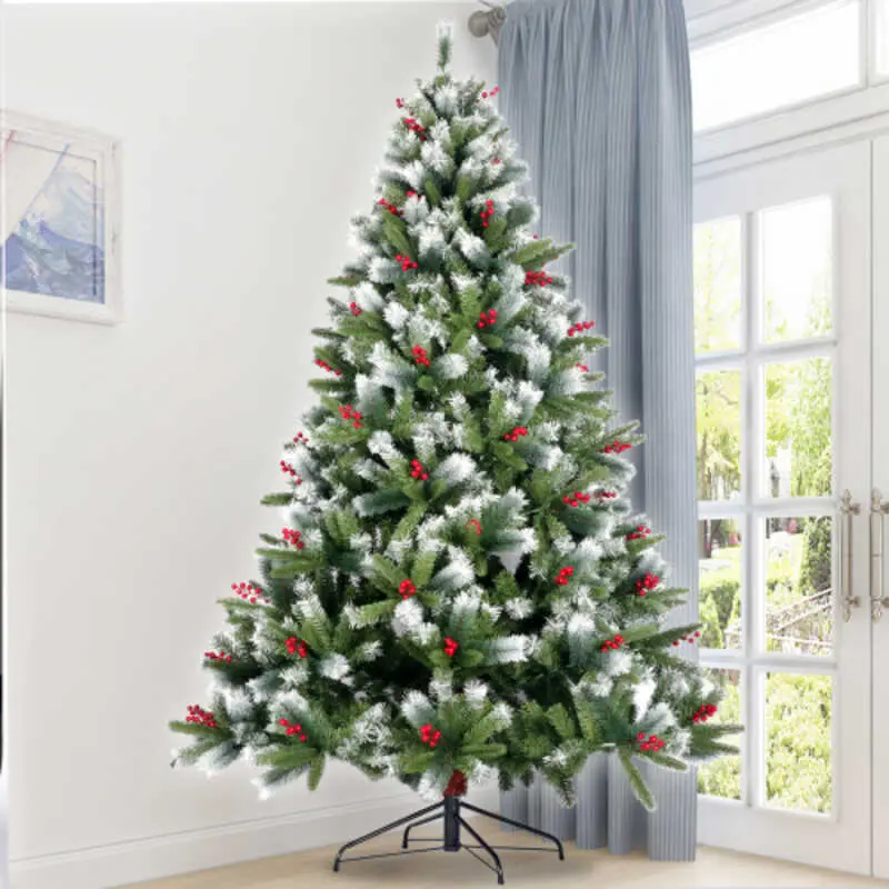 Artificial Christmas Flocked Pine Needle Tree with Cones Red Berries Foldable Stand