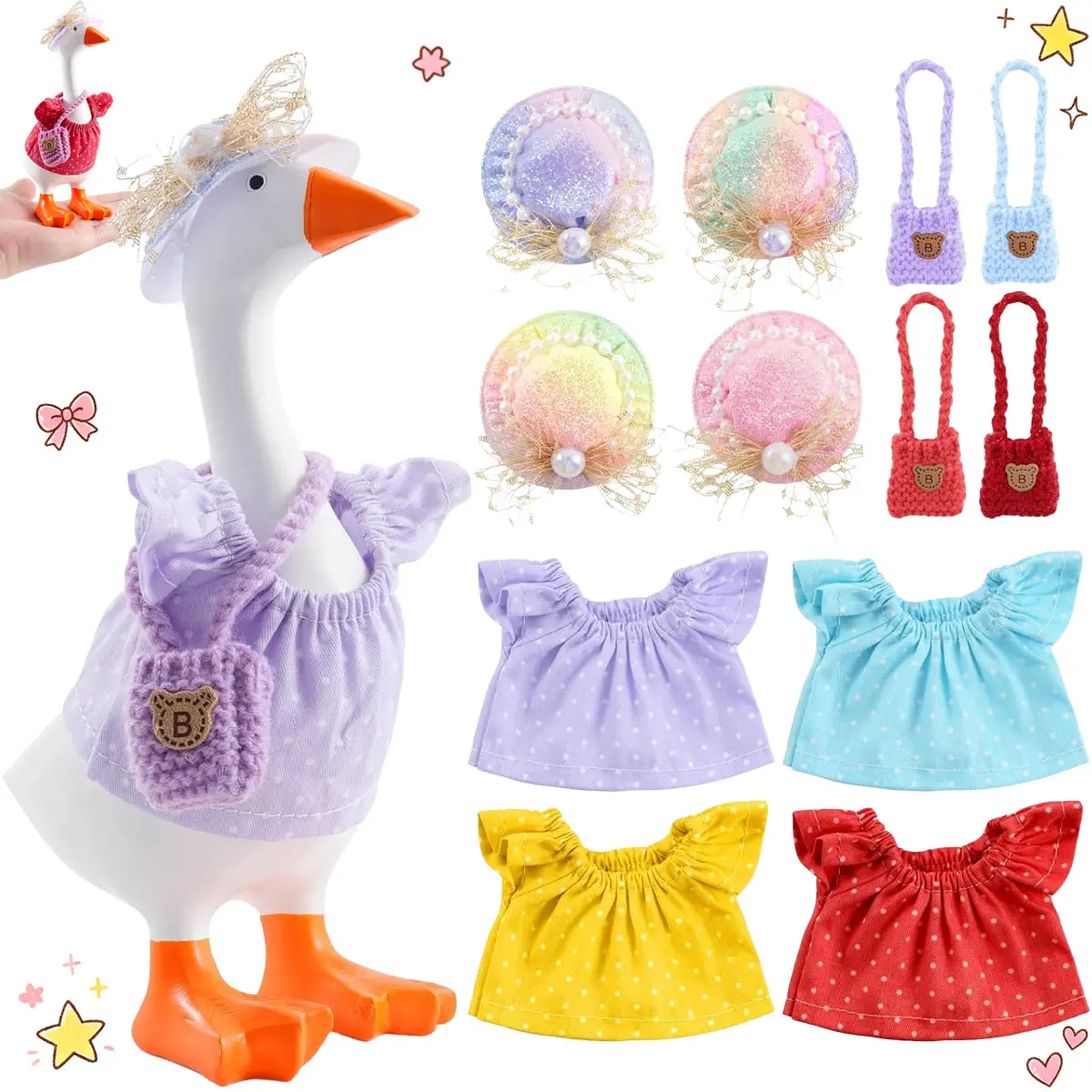 4-Set 7in Magnetic Desk Goose Outfits, Cute Mini Polyester-PVC Accessories Set with Hat, Dress, Bag for Magnetic Goose Statues, Desk Ornaments, Tabletop Decor Gift