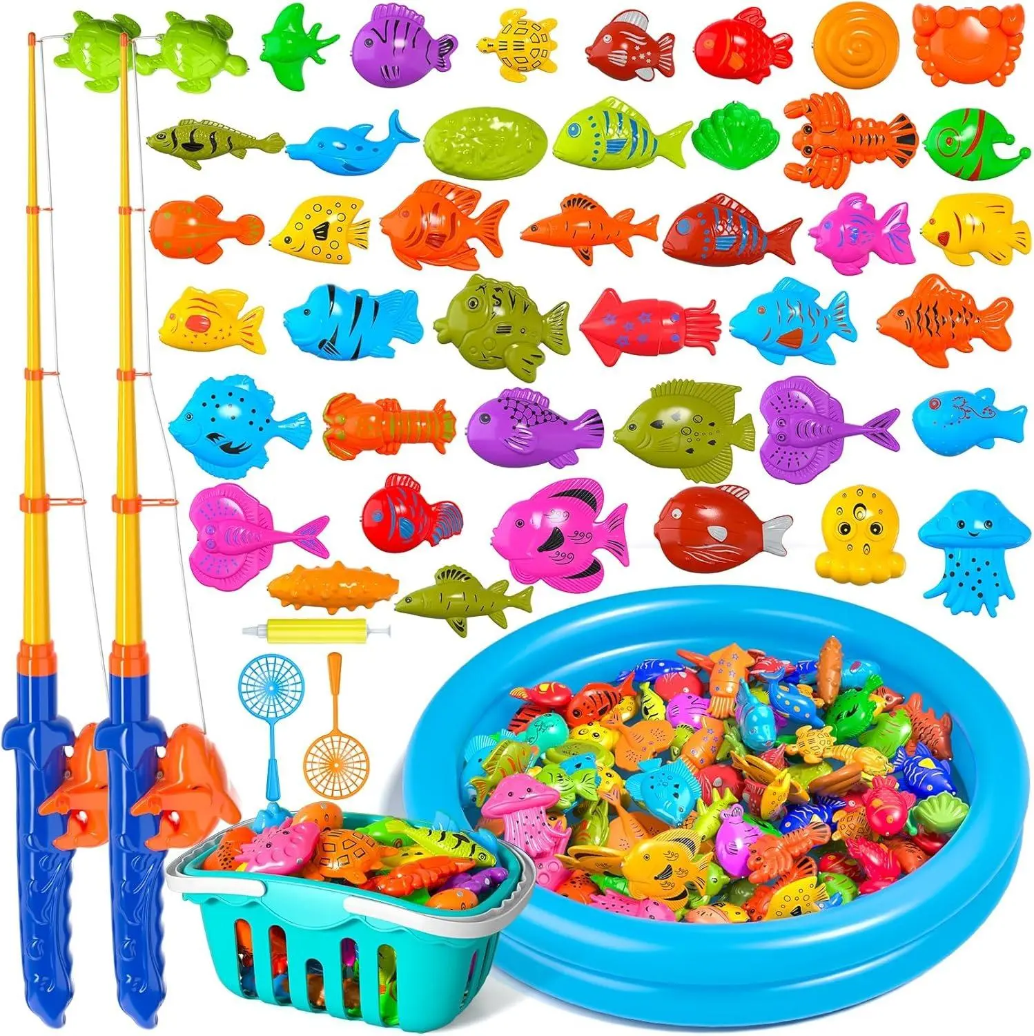 48pcs Fishing Toys Game Floating Fish Magnet Pole Rod Net Education Teaching and Learning ，Magnetic Fishing Game Bath Pool Toys , Christmas gifts, birthday gifts, premium gifts，