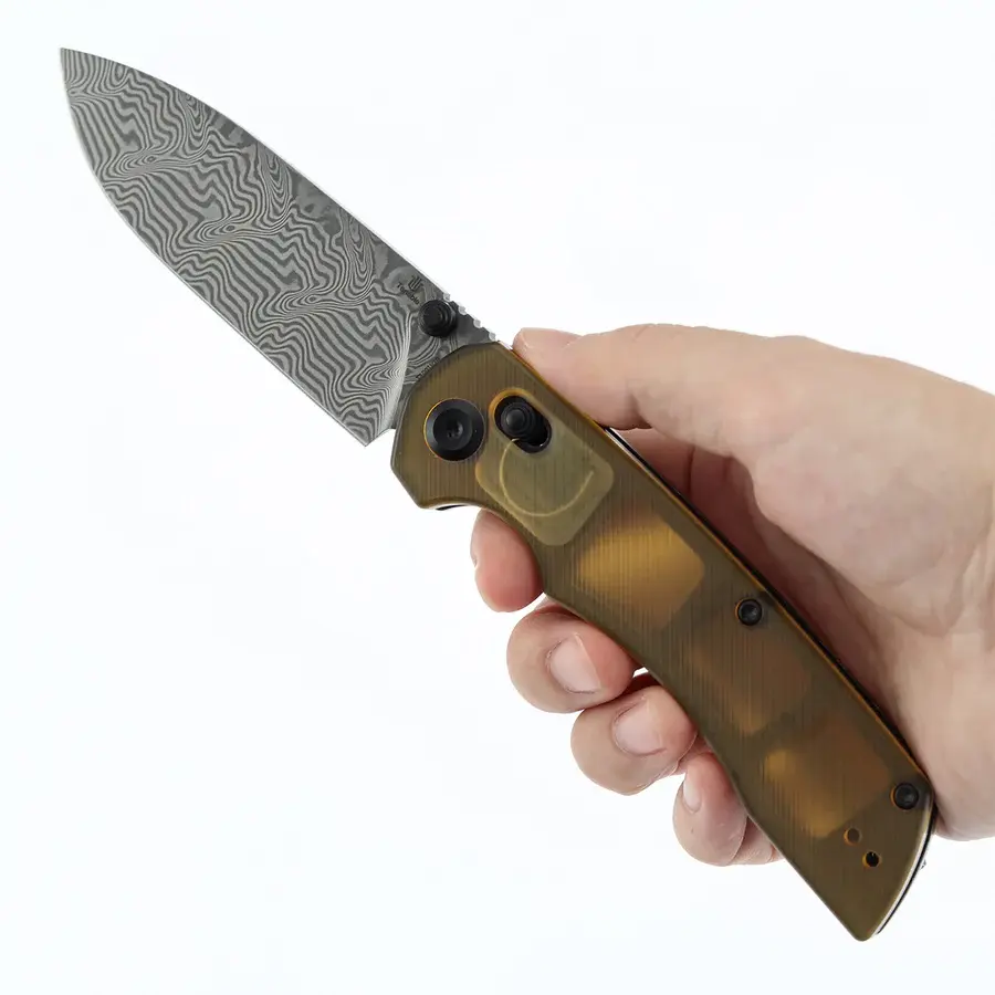 Tenable Kryo Cross Bar Lock Kitchen Knife (G10 Purple Undead Print) - Kim Ning Design T1001V Series, Orange Twill Carbon Fibre/Amber PEI Handles, 3.58in Blue Orange Coated 14C28N/Damascus Steel Blade, 0.137in/3.5mm, 5.11oz/145g, Knives