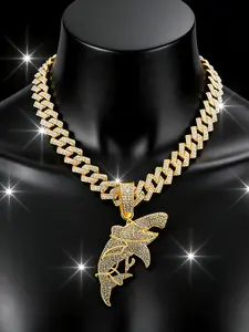 Men's Full Diamond Shark Pendant Necklace, Hip Hop Fashion Accessory, Trendy Daily Wear Jewelry, European and American Style
