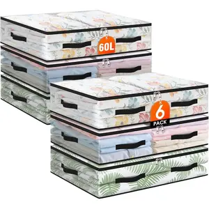 6 Pack Under Bed Storage Bags, 60L Foldable Clear Storage Containers with Handles, Dual Zippers for Comforter, Clothes, Bedding, Linen Sheets, Sweaters, Blanket Storage