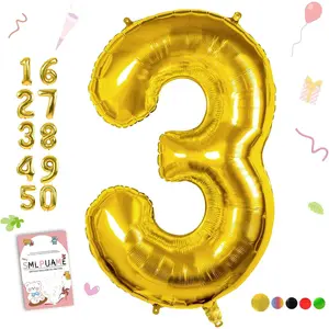 40 inch Large Gold Number 3 Balloon 0-9 Optional Helium Foil Digital Balloons for Birthday Wedding Anniversary Party Celebration Decorations Supplies