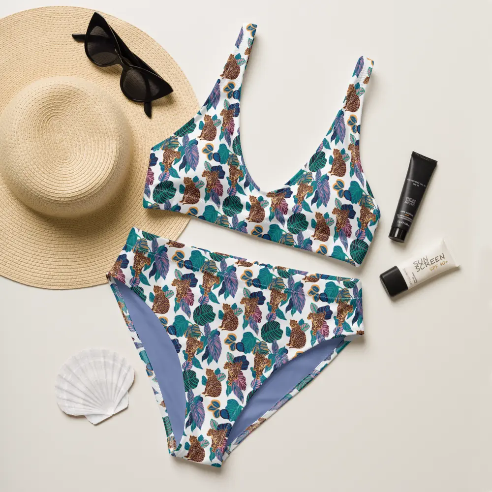 High waisted cheetah print two piece ladies swimsuit