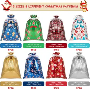 Drawstring Christmas Gift Bags, 40× Large Holiday Gift Bags, 50× Kraft Paper Tags and 2× 390in Ribbon Ties, 5× Different Sizes for 8× Designs total 40 Pack Christmas Bags for Presents.