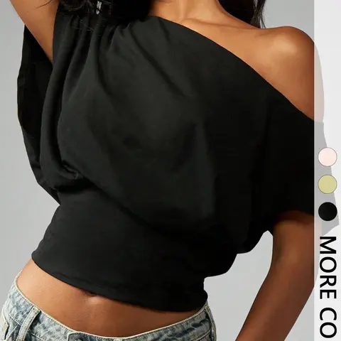 Women's Off-Shoulder Batwing Sleeve Knit Top, Batwing Shirts, Basic, Fit, Short Summer Beach Party Casual Home Wear, Simple Style for Daily Use