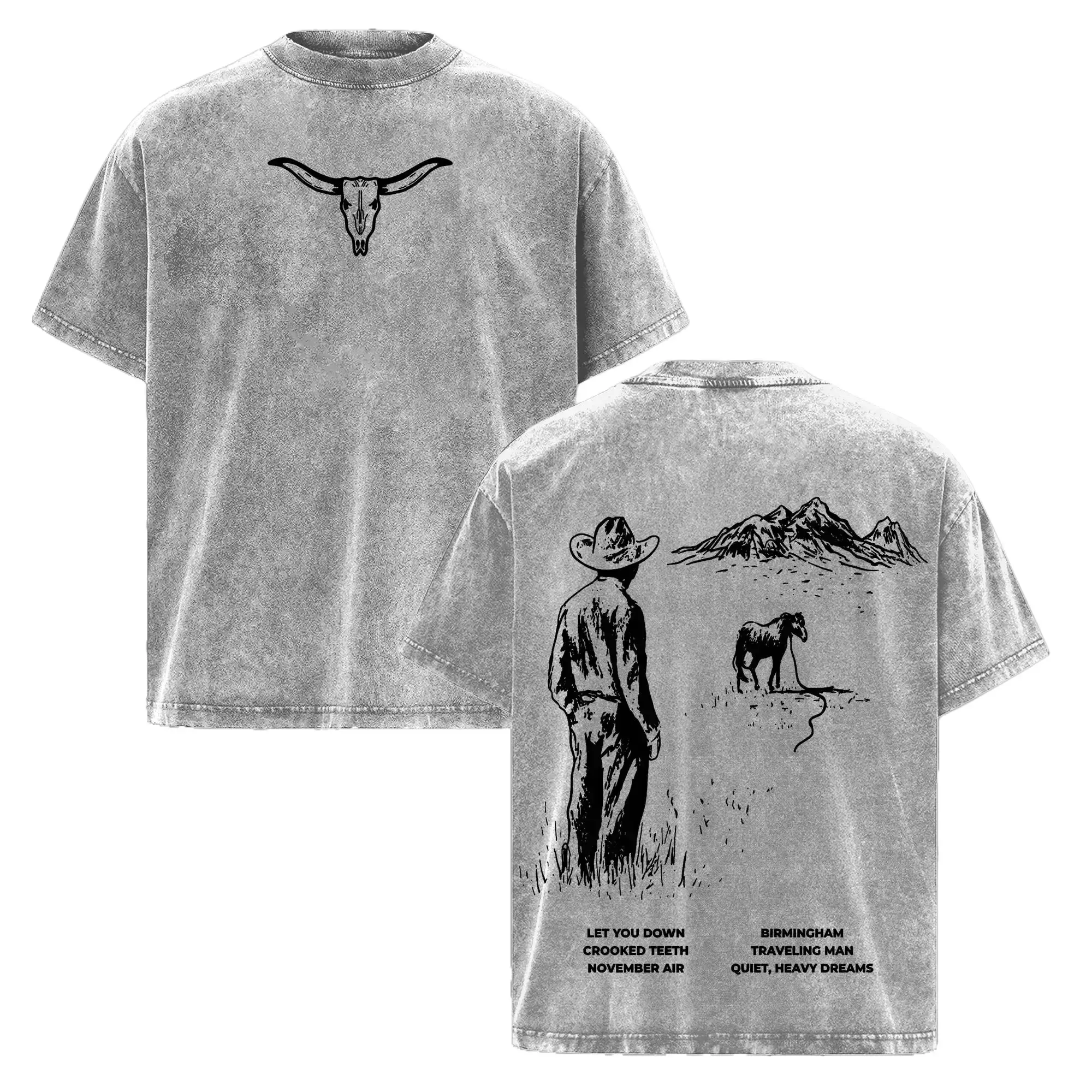 Men's Oversized T-Shirt, Western Retro Highway Boys Graphic, Vintage Washed Shortsleeve Heavy Cotton Streetwear Top, Round Neck