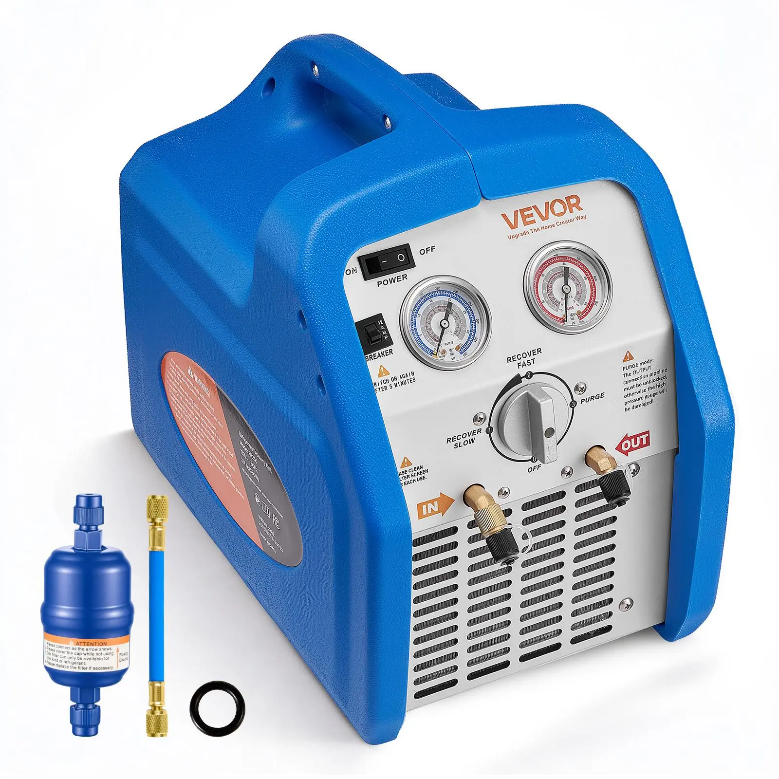 【summerfinds】VEVOR Portable Refrigerant Recovery Unit, 3/4 HP 120V 60Hz Single Cylinder Compressor AC Power Tool with 1750 RPM, Gauges, for A1 Class Refrigerants (R12, R404a, R134a, R407c, R407a, R407b, R410a, R507), HVAC Automotive Use
