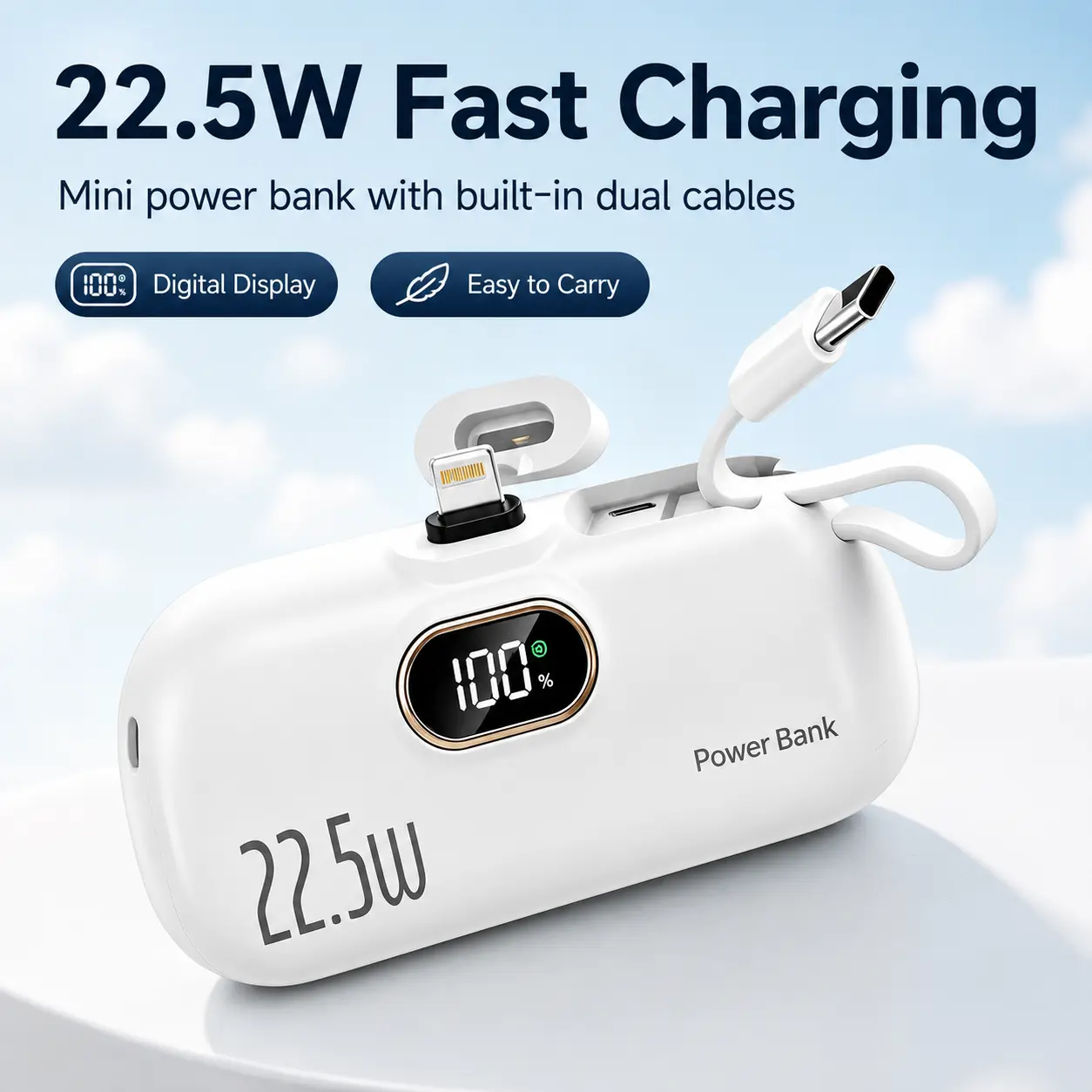 5000mAh Mini Portable Charger, 22.5W Fast Charging Power Bank with Type-C and USB-A Ports, Digital Battery Display, Compact Lightweight Design for Travel, Commuting, and Daily Carry