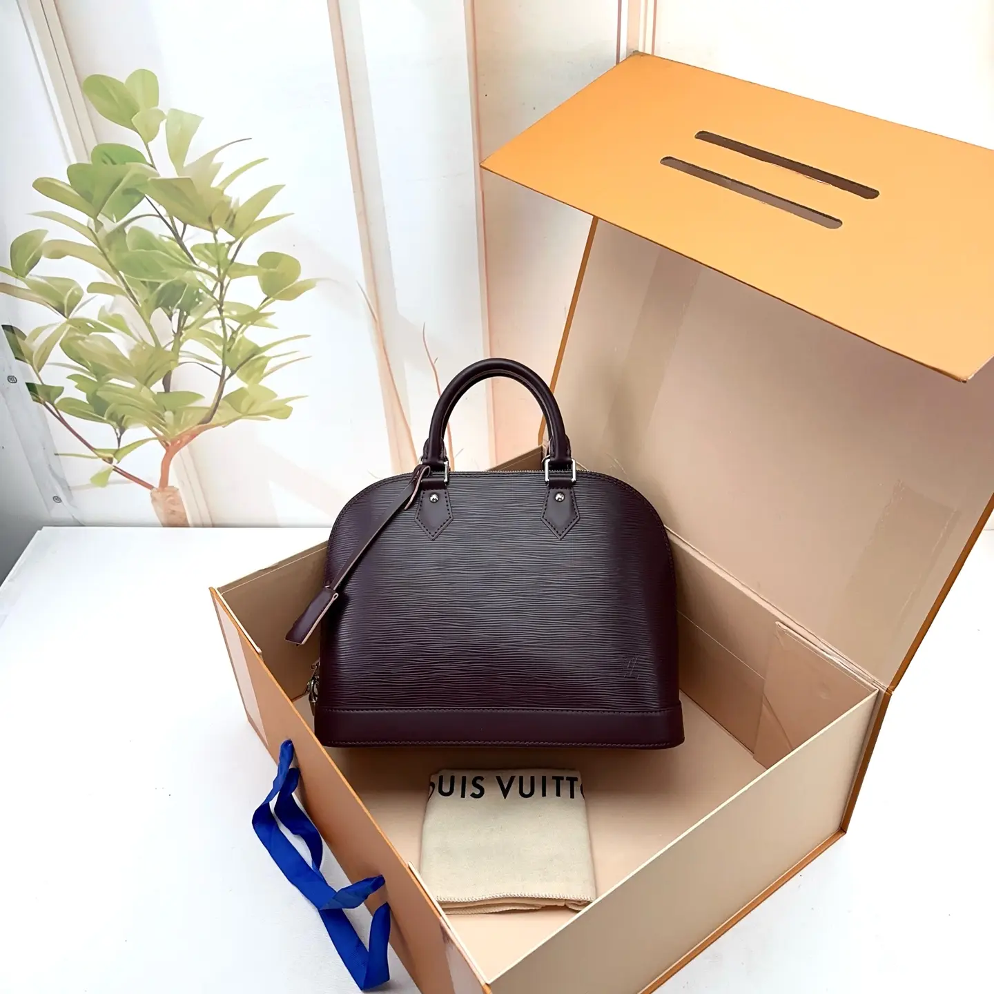 Pre-owned Louis Vuitton Dark Purple Epi Leather Alma Top Handle Dome Satchel 0801 raye 23367426