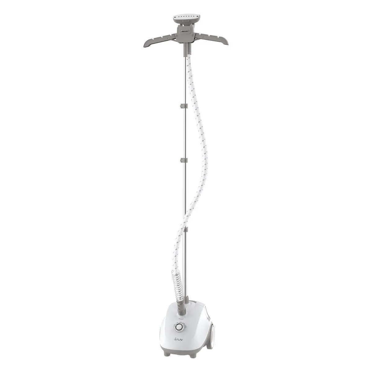 Salav Compact Garment Steamer, 1500W Performance, 4 Steam Settings, Stainless Steel Plate, 1.5L Easy-to-Fill Water Tank, 45s Heat-Up, 360-Swivel Hanger, Double-Insulated Hose, Ergonomic Steam Nozzle, 13.5x10.9x46in Dimensions, Garment Steamers
